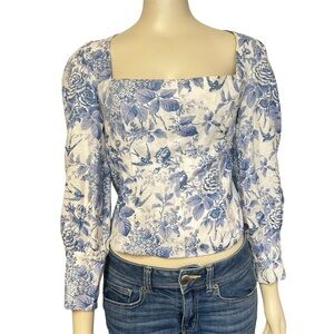 Reformation Stilton Linen Top Womens Blue Floral Square Neck Puff Sleeve Size 10